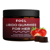 FOCL Female Libido Booster bottle with strawberry cream gummies showing daily wellness support.