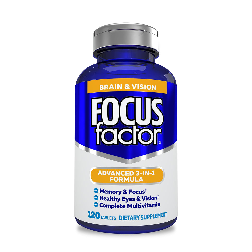 Focus Factor bottle closeup highlighting brain support for daily focus.