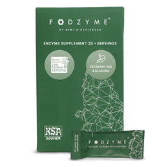 FODZYME On-The-Go powder being poured into a meal for easier digestion