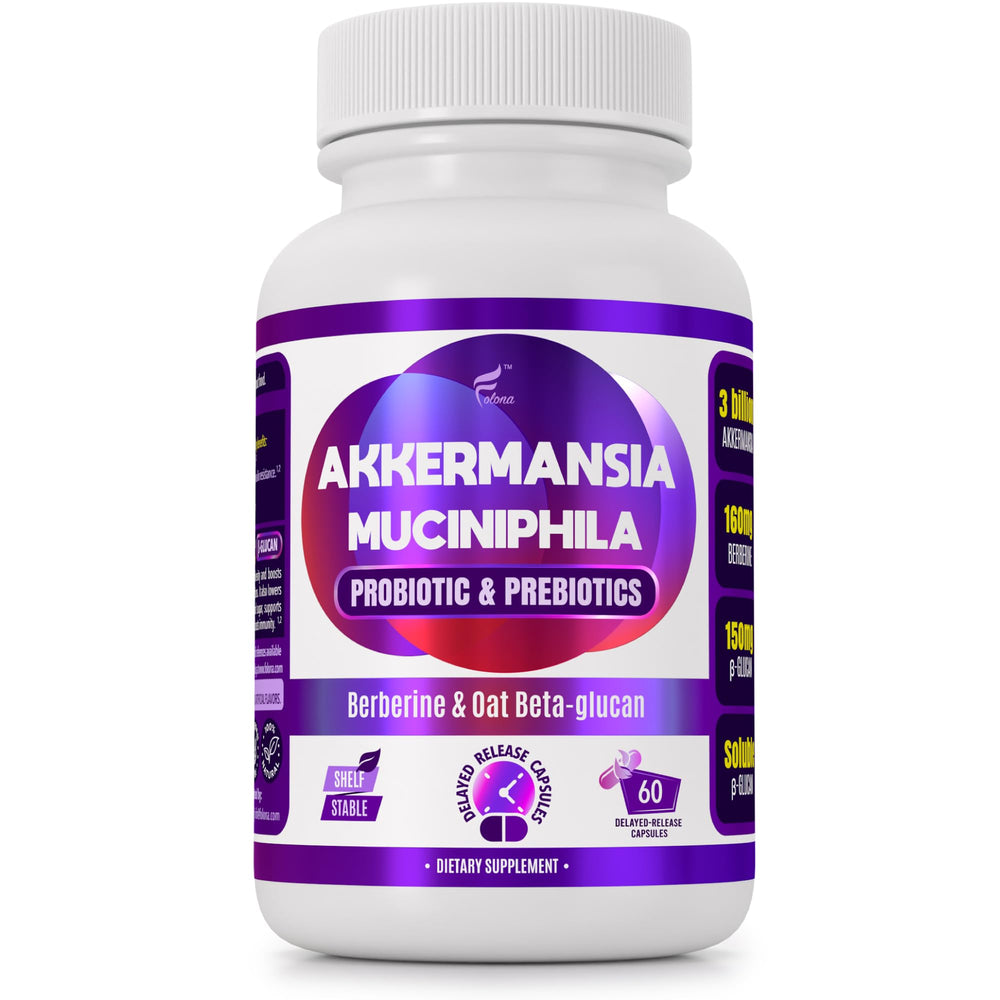 Folona delayed-release Akkermansia bottle pour highlighting capsule design for gut health