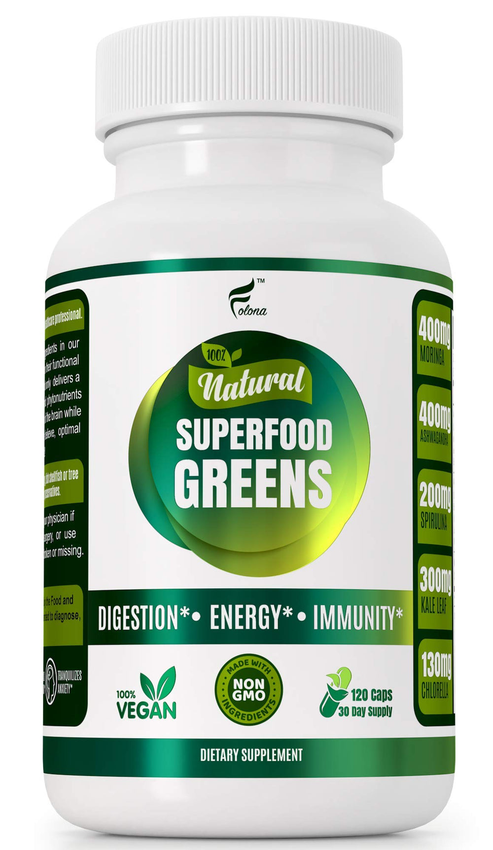 FOLONA organic vegan greens capsules bottle ready for daily immune support and energy
