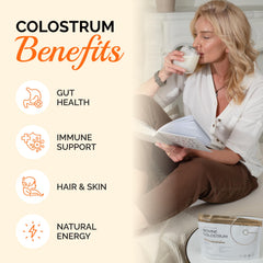 Folqs bovine colostrum powder scoop beside bottle for easy serving.
