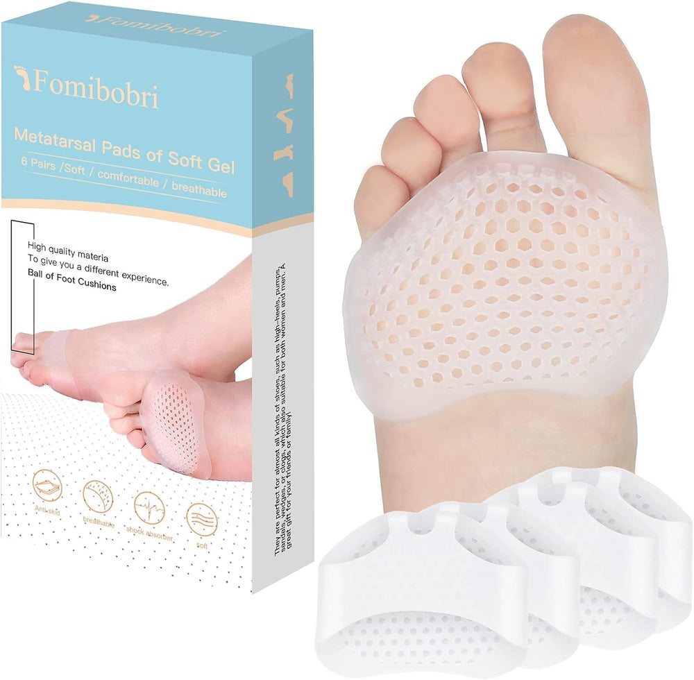 Almohadillas metatarsales FOMIBOBRI para alivio en la bola del pie en diversos zapatos.