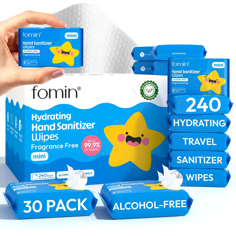 FOMIN mini hand sanitizer wipes, front view for on-the-go hygiene
