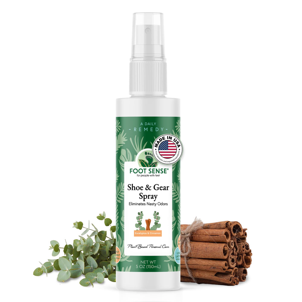 Foot Sense bottle dispensing mist for fast odor control on the go.