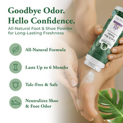 Foot Sense powder being poured into a shoe for quick odor neutralization.