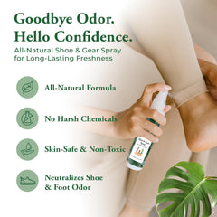 Foot Sense spray-application shows easy mist for quick refresh of gym shoes.