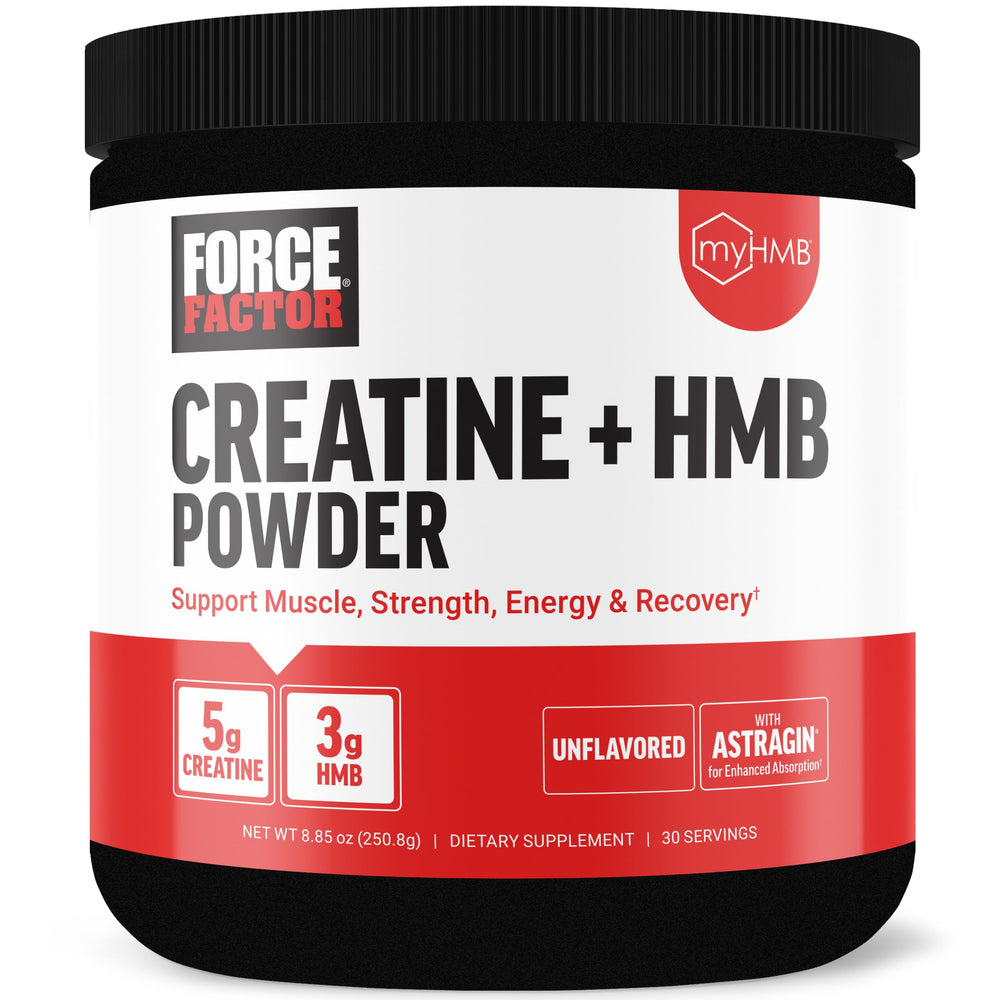 Force Factor Creatine HMB powder bottle front illustrating clean unflavored formula for workouts