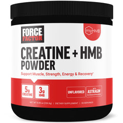 Force Factor Creatine HMB powder bottle front illustrating clean unflavored formula for workouts