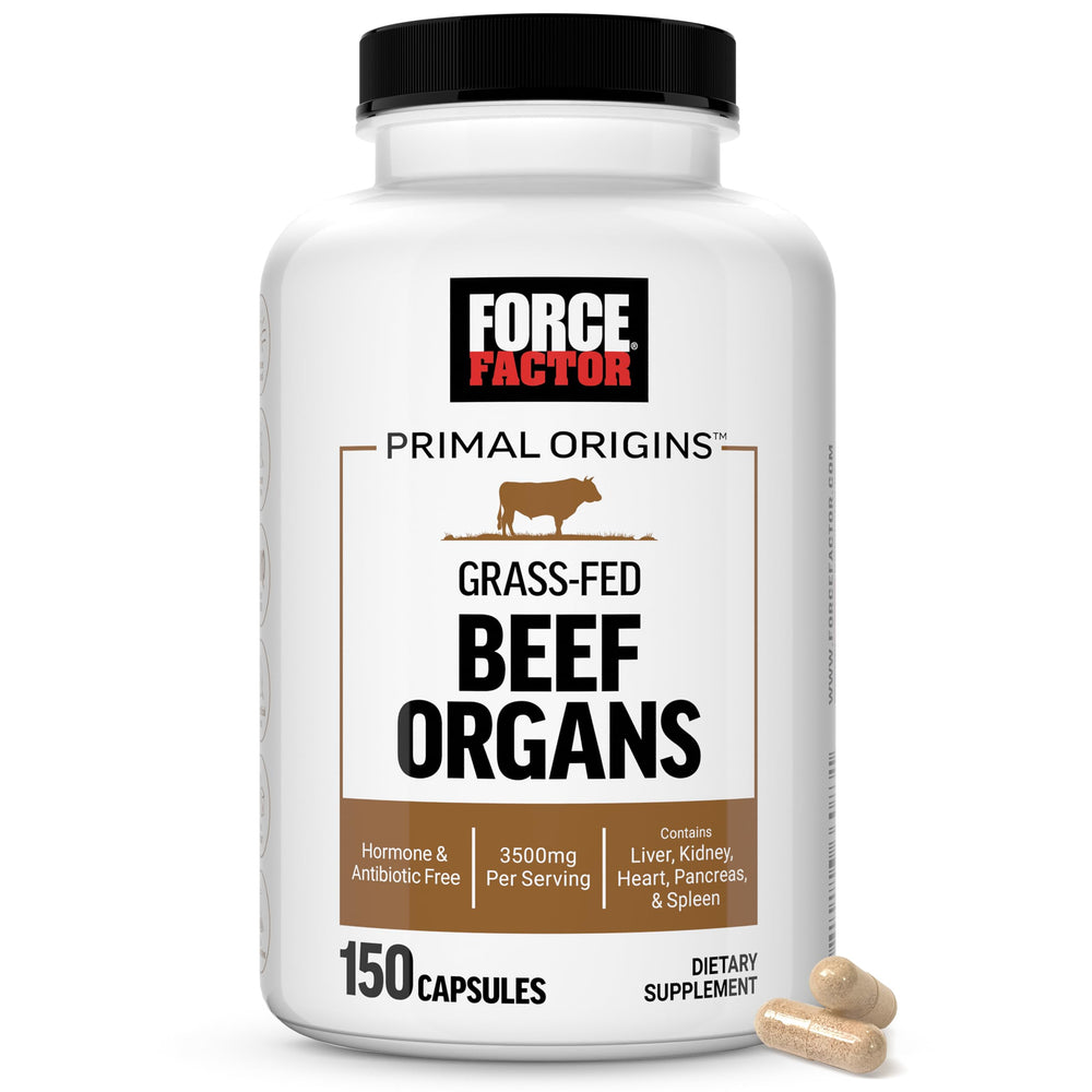 Force Factor Primal Origins bottle label shows beef organs blend for daily energy support.