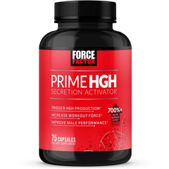 Force Factor Prime HGH Secretion Activator bottle in gym setup, potential to support workout performance.