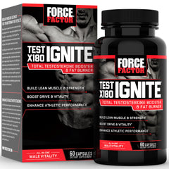 Force Factor Test X180 Ignite bottle label showcases premium testosterone booster for lean muscle support