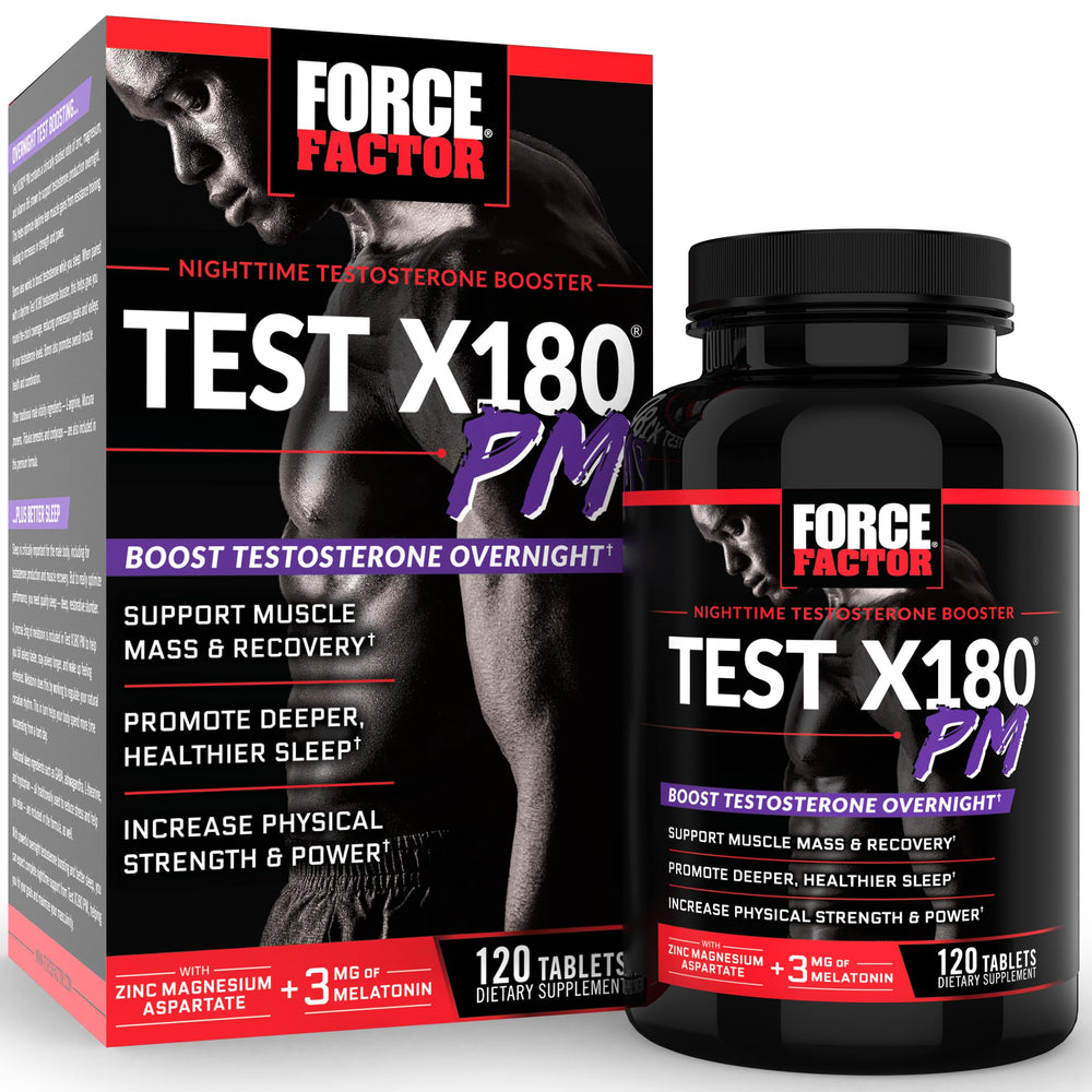 Force Factor Test X180 PM bottle on nightstand suggesting overnight recovery support