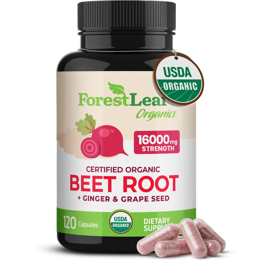 ForestLeaf Beetroot Capsules bottle front—certified organic formula for daily circulation support.