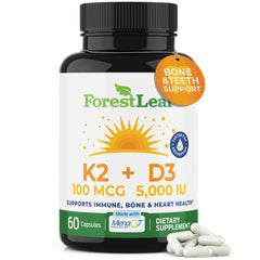 ForestLeaf Vitamin D3 + K2 bottle front supports bone health and easy daily use.