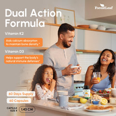ForestLeaf D3 + K2 capsules closeup showing veggie capsules for clean ingredients and easy daily use.