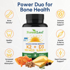 ForestLeaf D3 + K2 label detail highlights MenaQ7 for bone health.