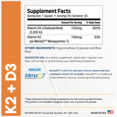 ForestLeaf D3 + K2 veggie capsules in bottle emphasize vegan-friendly daily use.