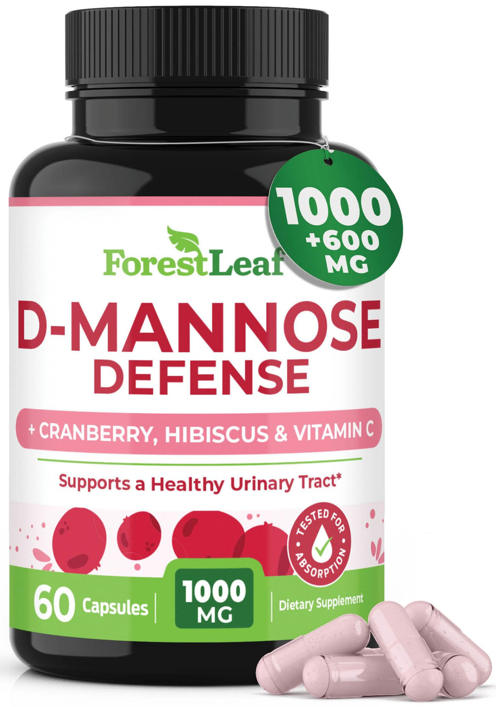 ForestLeaf D-Mannose 1000mg bottle with cranberry and hibiscus for urinary comfort.