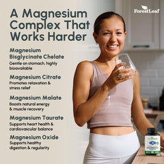 ForestLeaf Magnesium Complex bottle back shows ingredients and serving guidance.