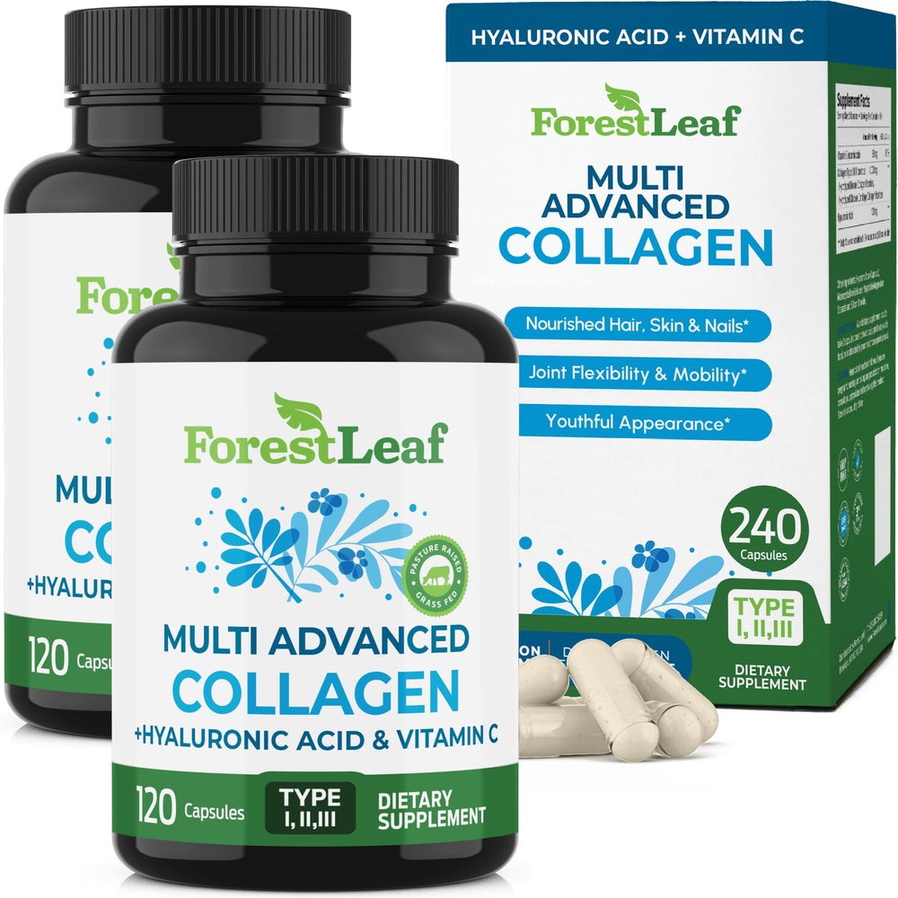 ForestLeaf Multi Collagen bottle label highlighting ingredients for skin and joints.