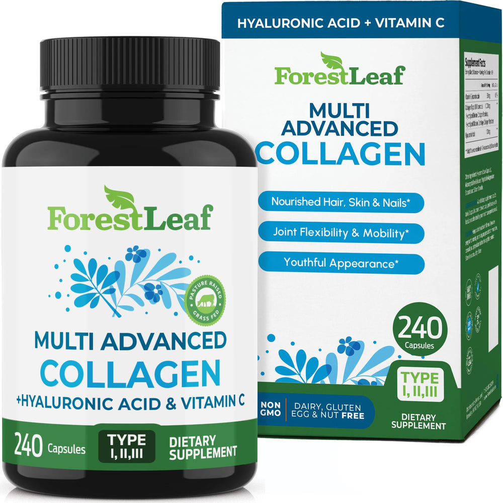 ForestLeaf Multi Collagen pills bottle shown for skin, hair, and nails support.