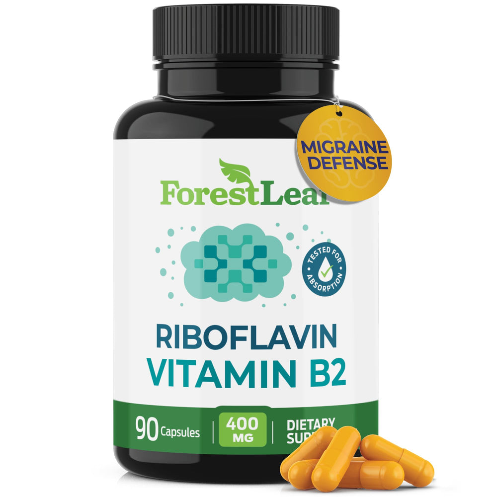 ForestLeaf riboflavin 400mg bottle with capsules for daily energy support.
