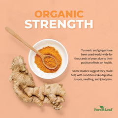 Close-up of ForestLeaf turmeric root and fresh ginger, highlighting organic ingredients.
