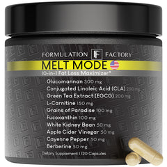 Formulation Factory Melt Mode bottle front: convenient 120 capsules for daily metabolism and energy.