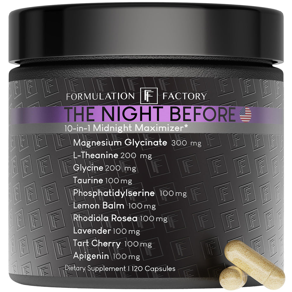 Formulation Factory The Night Before bottle on nightstand for a calm nightly routine.