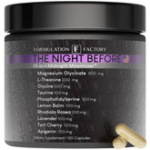 Formulation Factory The Night Before bottle on nightstand for a calm nightly routine.