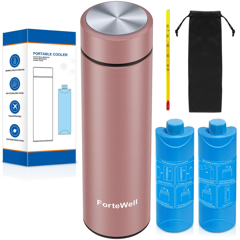 Fortewell ForteWell insulin pen cooler in rose pink, angled view, ideal for travel.