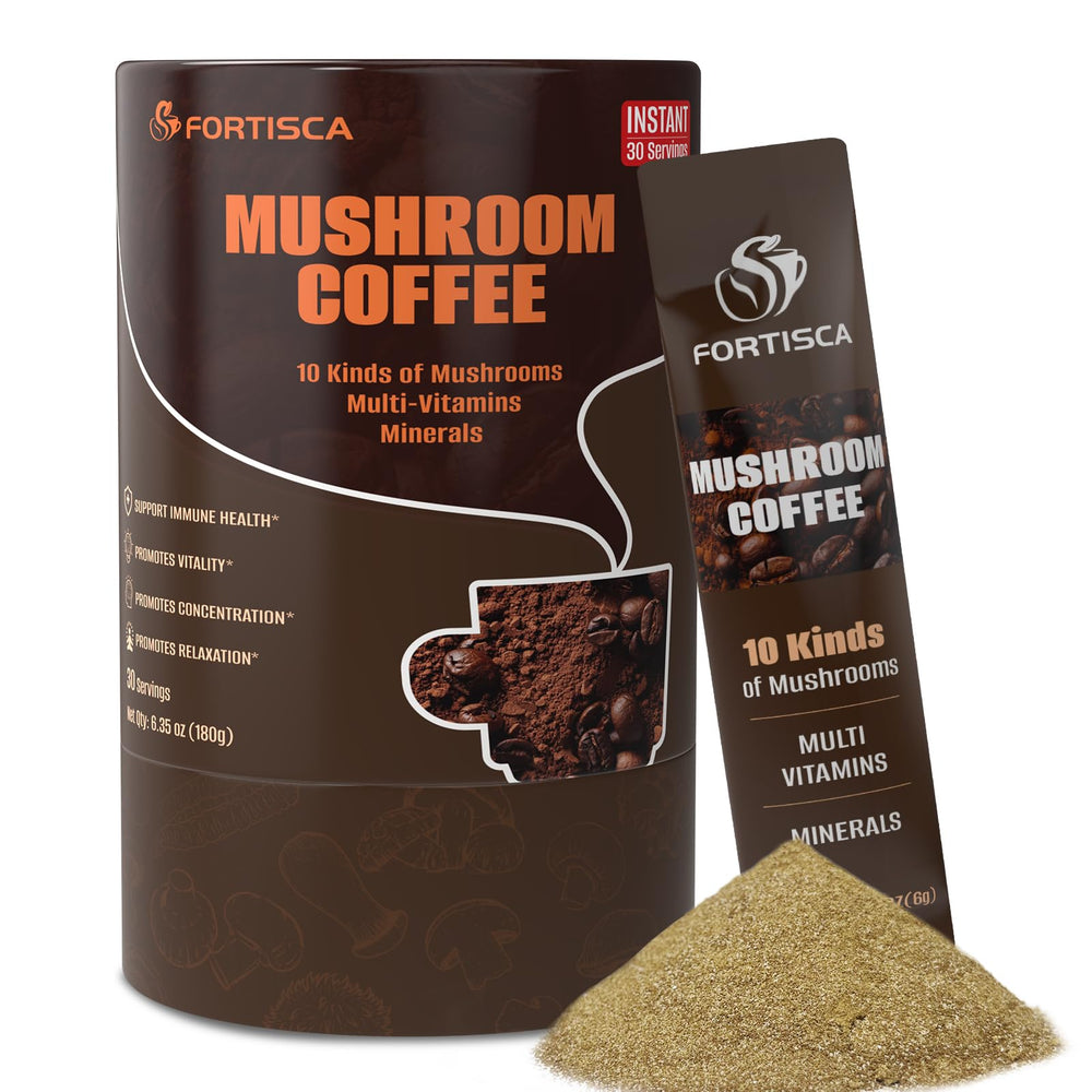 FORTISCA 10-in-1 mushroom coffee pack showing 10-mushroom blend for energy.