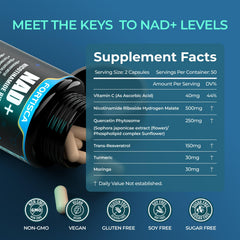 FORTISCA NAD+ ingredient graphic featuring antioxidants and NAD+ precursors.