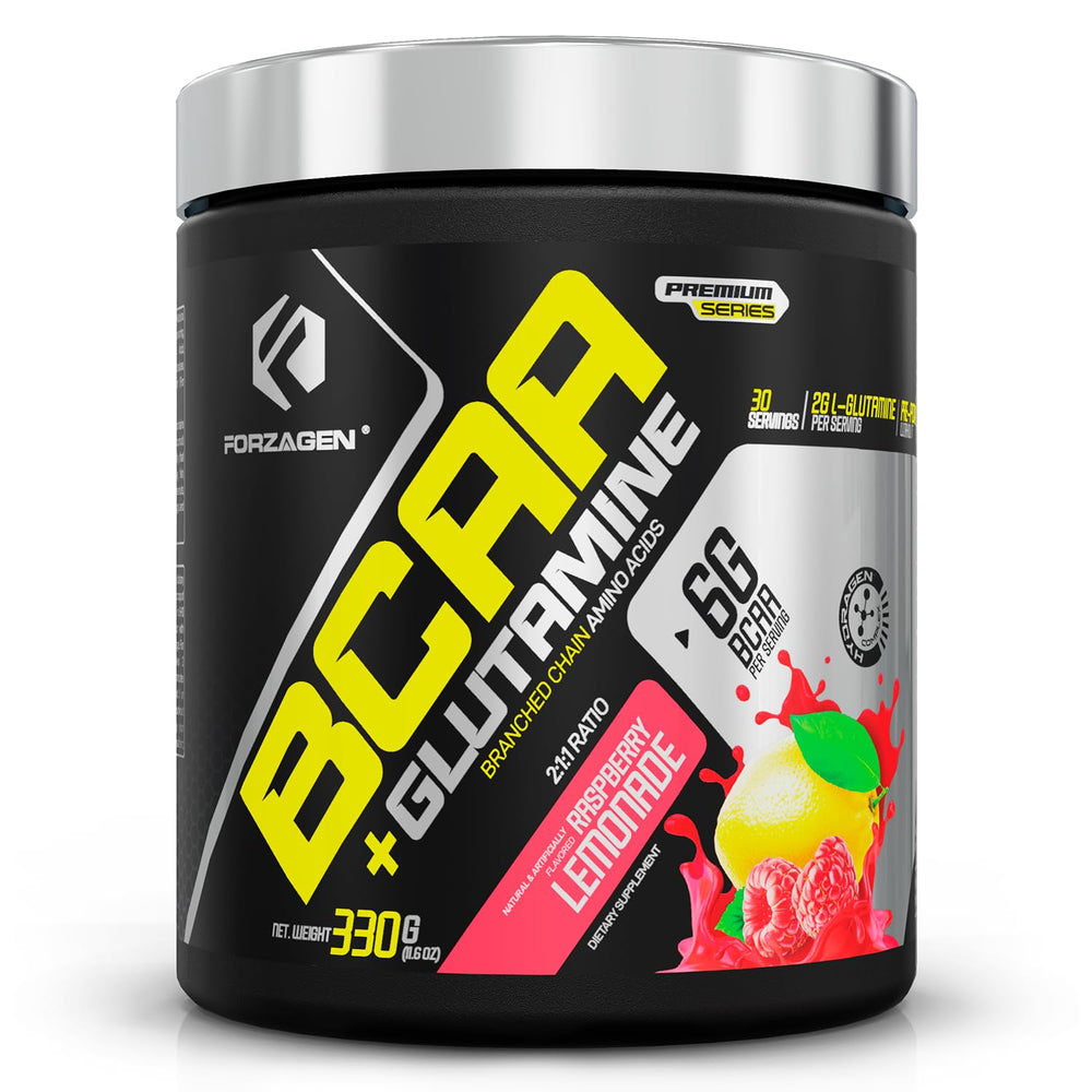 Forzagen BCAAs glutamine powder tub with label highlighting quality and ingredients