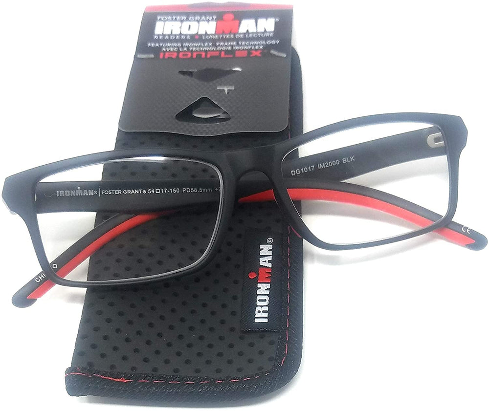 Foster Grant Ironman reading glasses in black/red offer lightweight comfort for extended reading sessions.