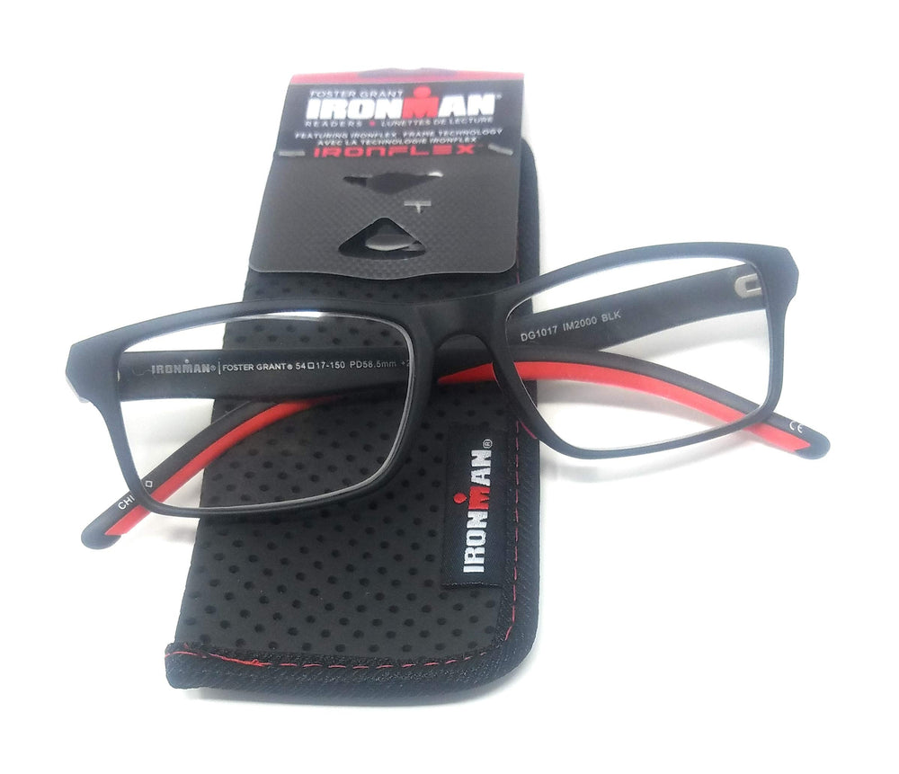Foster Grant Ironman reading glasses front view in black and red for all day reading