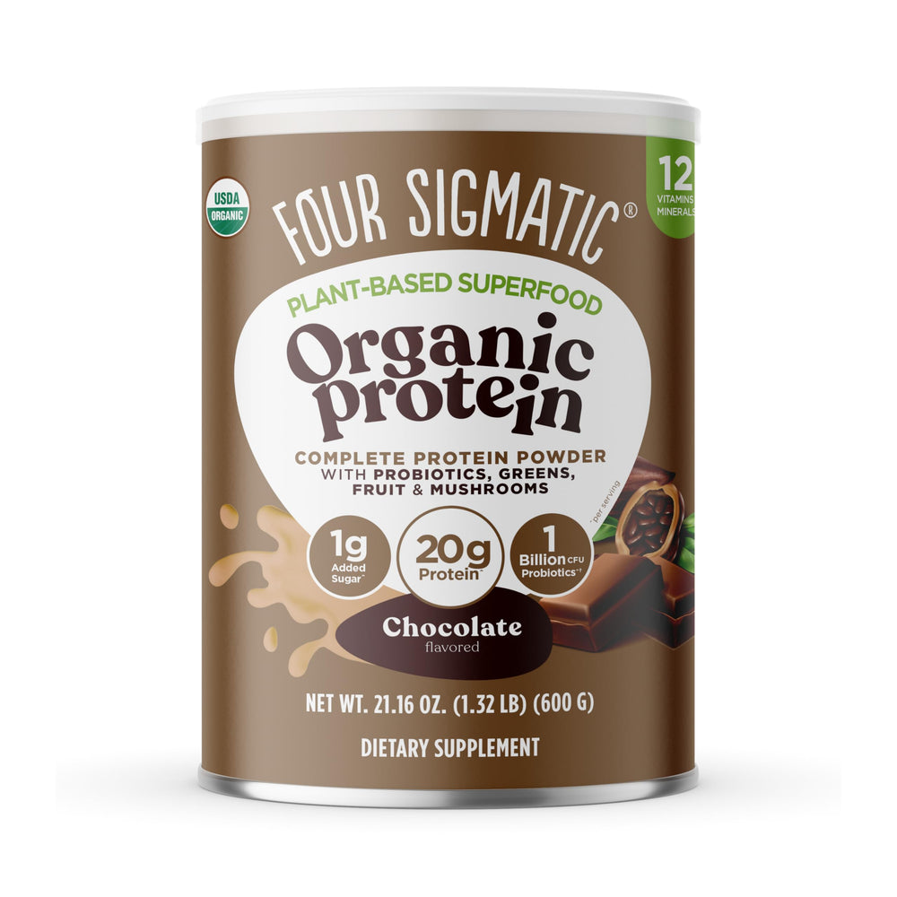 Four Sigmatic organic protein powder bottle showing plant protein and mushroom blend for daily energy