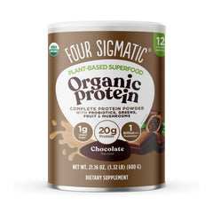 Four Sigmatic organic protein powder bottle showing plant protein and mushroom blend for daily energy