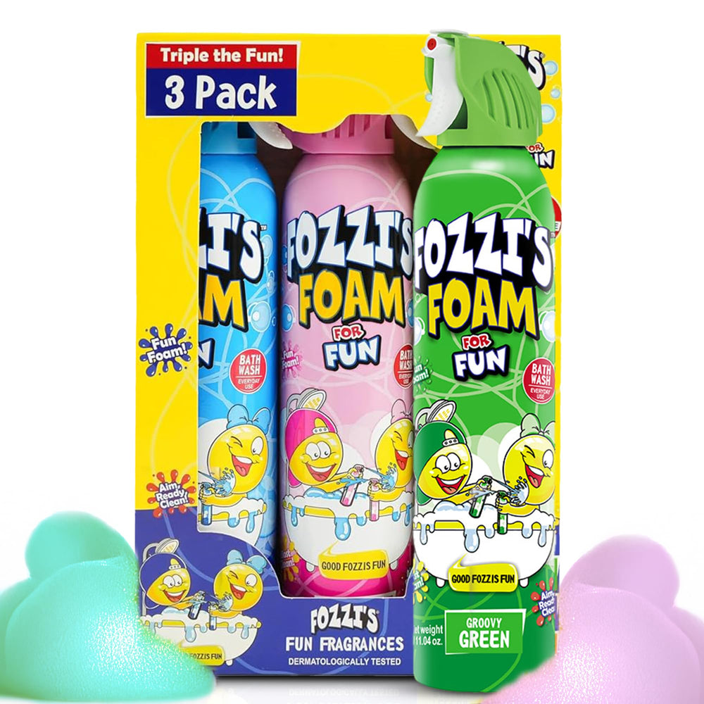 FOZZI'S mixed bath foam kids 3-pack packshot with bright colors for bath fun.