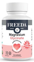 Freeda Magnesium Glycinate bottle image showing easy-to-take capsules for relaxation.