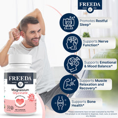 Freeda Magnesium Glycinate label detail emphasizing a clean, oxide-free formula.