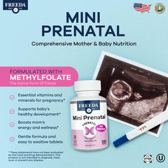 FREEDA Mini Prenatal tablets closeup shows tiny, easy-swallow design for daily support.