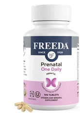 Freeda Prenatal bottle on table with one daily tablet for a simple routine