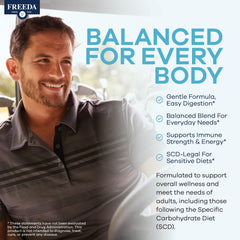 Freeda SCD Multivitamin bottle pour for convenient daily supplementation