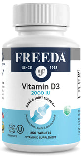 FREEDA Vitamin D3 2000 IU bottle for easy daily intake and bone support.