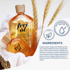 Close-up of frei öl bottle emphasizes pharmacy-quality, preservative-free formula.