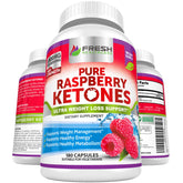 Fresh Healthcare Raspberry Ketones bottle and label highlight purity for daily metabolism support.