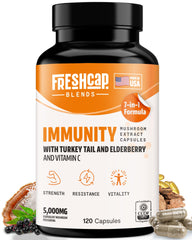 FreshCap 7-in-1 immune supplement bottle with Turkey Tail and elderberry for daily immune support