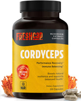 FreshCap Mushrooms Cordyceps capsules bottle close-up for daily energy support.
